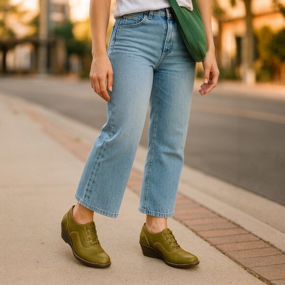 GROUNDHOG PORTUGAL Olive Green Leather Booties 37 7 Wedge Boots Heels Oxfords - Picture 2 of 16